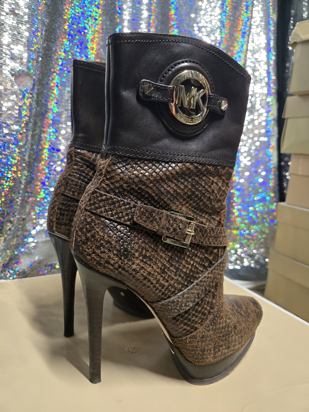 Michael Kors Brown Textured Leather High-Heel Ankle Boots